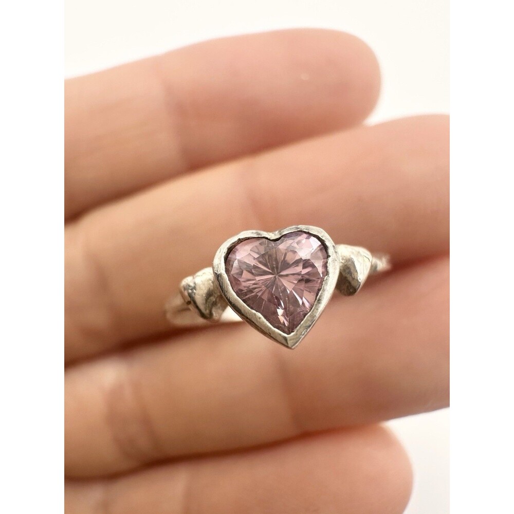 925 Sterling Silver Pink Heart Open Ring Size 5